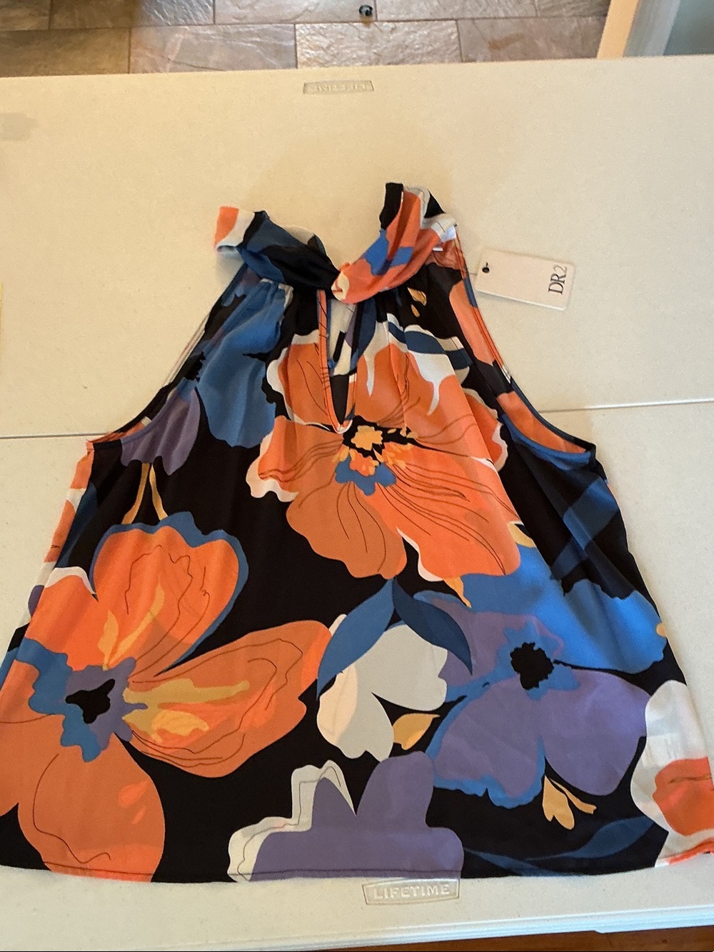 Daniel Rainn Black Floral Halter Tank Top with Orange & Blue Blooms